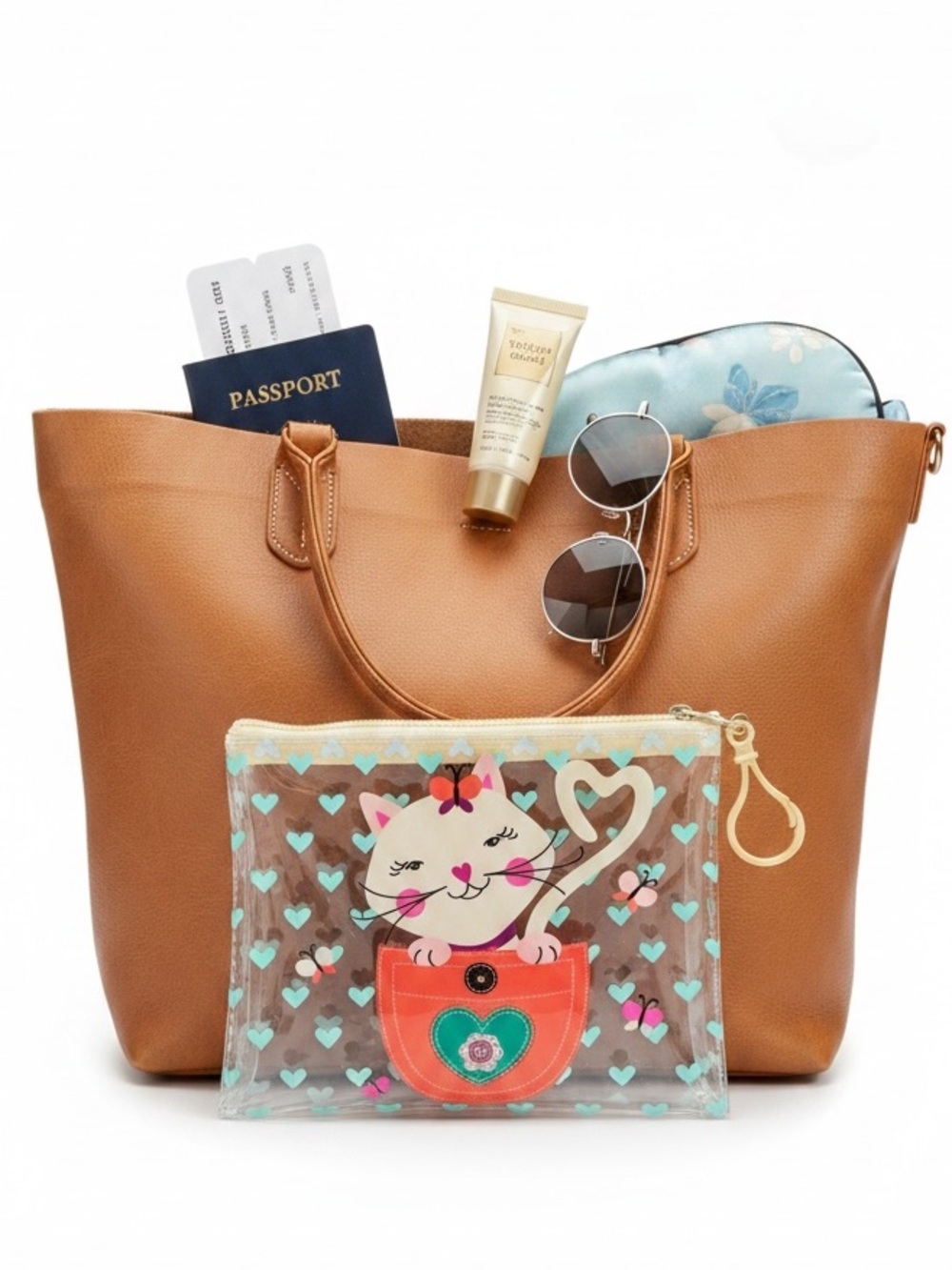 Cream Cat & Pink Butterfly Aqua Green Heart Pocket Flower 6" Makeup Cosmetic Bag